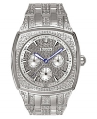 Time to dress to the nines. This dazzling Bulova watch features a silvertone mixed metal bracelet and cushion-shaped case. Crystal accents at bracelet, bezel and dial. Silvertone multifunctional dial with logo, stick indices and three subdials. Quartz movement. Water resistant to 30 meters. Three-year limited warranty. Time to dress to the nines. This dazzling Bulova watch features a silvertone mixed metal bracelet and cushion-shaped case. Crystal accents at bracelet, bezel and dial. Silvertone multifunctional dial with logo, stick indices and three subdials. Quartz movement. Water resistant to 30 meters. Three-year limited warranty.