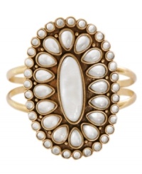 Graceful accents lend sophistication. Lucky Brand's cuff bracelet features mother-of-pearl embellishments. Set in gold tone mixed metal. Approximate diameter: 2-1/2 inches. Graceful accents lend sophistication. Lucky Brand's cuff bracelet features mother-of-pearl embellishments. Set in gold tone mixed metal. Approximate diameter: 2-1/2 inches.