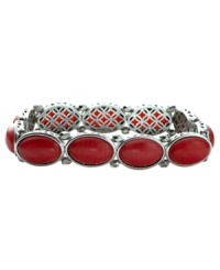Chic in crimson. Watermelon-dyed jade stones adorn Fossil's stylish stretch bracelet. Set in vintage silver tone mixed metal. Bracelet stretches to fit wrist. Approximate diameter: 2-1/4 inches. Chic in crimson. Watermelon-dyed jade stones adorn Fossil's stylish stretch bracelet. Set in vintage silver tone mixed metal. Bracelet stretches to fit wrist. Approximate diameter: 2-1/4 inches.