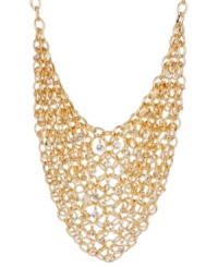 A real conversation starter. Haskell's stunning bib necklace combines layers of golden mesh and sparkling crystal accents. Crafted in gold tone mixed metal. Approximate length: 17 inches + 3-inch extender. Approximate drop: 6-3/4 inches. A real conversation starter. Haskell's stunning bib necklace combines layers of golden mesh and sparkling crystal accents. Crafted in gold tone mixed metal. Approximate length: 17 inches + 3-inch extender. Approximate drop: 6-3/4 inches.