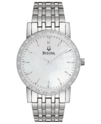 This Bulova timepiece exudes sophistication with shimmering diamond accents. This Bulova timepiece exudes sophistication with shimmering diamond accents.
