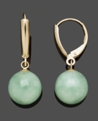 Add a subtle pop of color in pale green hues. Jade beads (10 mm) add simple indulgence to a polished 14k gold leverback setting. Approximate drop: 1-4/10 inches. Add a subtle pop of color in pale green hues. Jade beads (10 mm) add simple indulgence to a polished 14k gold leverback setting. Approximate drop: 1-4/10 inches.