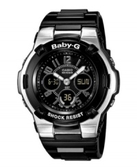 Mysterious cool heats up this analog-digital watch by Baby-G. Crafted of black resin strap and round stainless steel case. Bezel features white logo. Black analog and digital display dial features stick indices, three negative display subdials, shock resistance, LED light, world time, five daily alarms, stopwatch, countdown timer, edit mode and 12/24-hour formats. Quartz movement. Water resistant to 100 meters. One-year limited warranty. Mysterious cool heats up this analog-digital watch by Baby-G. Crafted of black resin strap and round stainless steel case. Bezel features white logo. Black analog and digital display dial features stick indices, three negative display subdials, shock resistance, LED light, world time, five daily alarms, stopwatch, countdown timer, edit mode and 12/24-hour formats. Quartz movement. Water resistant to 100 meters. One-year limited warranty.