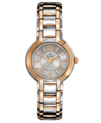 Accents of rose-gold lend playful sophistication to the classic styling of this steel Bulova watch. Accents of rose-gold lend playful sophistication to the classic styling of this steel Bulova watch.