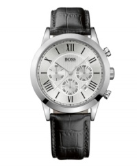 Set the tone for sophistication. Handsome dress watch by Hugo Boss crafted of black croc-embossed leather strap and round stainless steel case. Silver tone sunray chronograph dial features black Roman numerals, minute track, date window, three subdials, three hands and logo. Quartz movement. Water resistant to 30 meters. Two-year limited warranty. Set the tone for sophistication. Handsome dress watch by Hugo Boss crafted of black croc-embossed leather strap and round stainless steel case. Silver tone sunray chronograph dial features black Roman numerals, minute track, date window, three subdials, three hands and logo. Quartz movement. Water resistant to 30 meters. Two-year limited warranty.