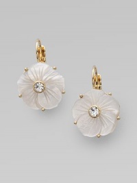 Mother of pearl flowers feature sparkling glass bead centers.Mother of pearl, glass 12K goldplated Drop, about 1 Width, about ½ Leverbacks Imported Mother of pearl flowers feature sparkling glass bead centers.Mother of pearl, glass 12K goldplated Drop, about 1 Width, about ½ Leverbacks Imported