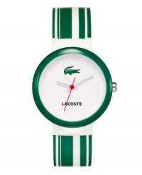 Strikingly simple, the Goa watch features iconic Lacoste colors. Green and white striped silicone strap and round white plastic case with green bezel. White enamel dial features text logo, iconic green crocodile logo and red second hand. Quartz movement. Water resistant to 30 meters. Two-year limited warranty. Strikingly simple, the Goa watch features iconic Lacoste colors. Green and white striped silicone strap and round white plastic case with green bezel. White enamel dial features text logo, iconic green crocodile logo and red second hand. Quartz movement. Water resistant to 30 meters. Two-year limited warranty.