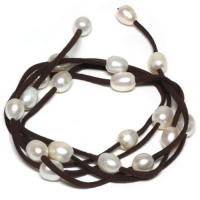 48 White Freshwater Pearl On Brown Leather Wrap Bracelet / Necklace 48 White Freshwater Pearl On Brown Leather Wrap Bracelet / Necklace