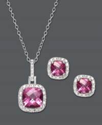 The ultimate declaration of femininity. Rich, pink hues create a look fit for a princess in Victoria Townsend's pretty jewelry set. Cushion-cut pink topaz (3 ct. t.w.) shimmers within a halo of diamond accents. Crafted in sterling silver. Approximate length: 18 inches. Approximate pendant drop: 3/4 inch. Approximate earring drop: 5/16 inch. The ultimate declaration of femininity. Rich, pink hues create a look fit for a princess in Victoria Townsend's pretty jewelry set. Cushion-cut pink topaz (3 ct. t.w.) shimmers within a halo of diamond accents. Crafted in sterling silver. Approximate length: 18 inches. Approximate pendant drop: 3/4 inch. Approximate earring drop: 5/16 inch.