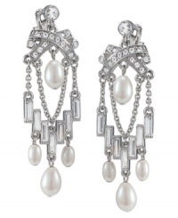 Romance comes in waves with these sparkling chandeliers. Carolee earrings feature tiers of glass stones accented by glass pearls. Crafted in imitation rhodium-plated mixed metal. Approximate drop: 2-1/4 inches. Romance comes in waves with these sparkling chandeliers. Carolee earrings feature tiers of glass stones accented by glass pearls. Crafted in imitation rhodium-plated mixed metal. Approximate drop: 2-1/4 inches.