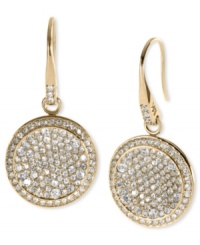 Round resplendence. This pair of drop earrings from Michael Kors, which are crafted from gold-tone ion-plated steel, dazzle with glass accents on the concave pendant. Approximate drop: 1 inch. Round resplendence. This pair of drop earrings from Michael Kors, which are crafted from gold-tone ion-plated steel, dazzle with glass accents on the concave pendant. Approximate drop: 1 inch.