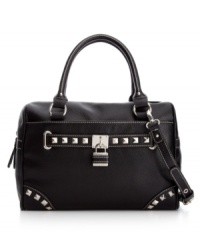 An edgy design sure to turn more than a few heads. The Lock of the Draw Satchel from Nine West features bold studded detailing, a signature lock charm and shiny silvertone hardware. An edgy design sure to turn more than a few heads. The Lock of the Draw Satchel from Nine West features bold studded detailing, a signature lock charm and shiny silvertone hardware.