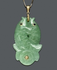 A classic symbol of abundance. This intertwined double fish pendant crafted in jade (26-40 mm) and sapphire (1/8 ct. t.w.) hangs from a delicate 14k gold chain. Approximate length: 18 inches. Approximate drop: 1-5/8 inches. A classic symbol of abundance. This intertwined double fish pendant crafted in jade (26-40 mm) and sapphire (1/8 ct. t.w.) hangs from a delicate 14k gold chain. Approximate length: 18 inches. Approximate drop: 1-5/8 inches.