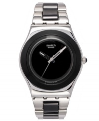 Classic styling with cool black ceramic lends a stunning look to this Black Ceramic collection Swatch timepiece. Classic styling with cool black ceramic lends a stunning look to this Black Ceramic collection Swatch timepiece.