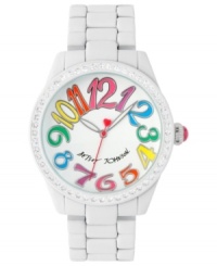 Every color of the rainbow. This bright and cheery Betsey Johnson watch flaunts big numerals at the fresh white dial. Every color of the rainbow. This bright and cheery Betsey Johnson watch flaunts big numerals at the fresh white dial.