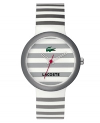 Subtle cool from the always sporty Lacoste. This unisex Goa watch is crafted of gray stripe silicone strap and round plastic case. Gray stripe dial features iconic crocodile logo, cutout hour and minute hands and red second hand. Quartz movement. Water resistant to 30 meters. Two-year limited warranty. Subtle cool from the always sporty Lacoste. This unisex Goa watch is crafted of gray stripe silicone strap and round plastic case. Gray stripe dial features iconic crocodile logo, cutout hour and minute hands and red second hand. Quartz movement. Water resistant to 30 meters. Two-year limited warranty.