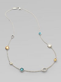 A long delicate, sterling silver link chain with beautiful semi-precious stone stations for a truly elegant look. Mother-of-pearl, honey mother-of-pearl doublet accented with clear quartz, denim mother-of-pearl doublet accented with clear quartz and clear quartzSterling silverLength, about 40Lobster clasp closureImported 