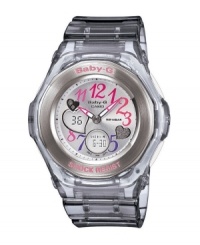 Steely gray and girlie accents mash up on this tough-at-heart watch by Baby-G. Smoke gray resin strap and round case with metal bezel and pink logo. Shock-resistant analog-digital silver tone dial features LED light, world time, five daily alarms, stopwatch, countdown timer, 12/24-hour formats, multicolored numerals, minute track, hearts, positive display subdials, two luminous pink hands and logo. Quartz movement. Water resistant to 100 meters. One-year limited warranty.