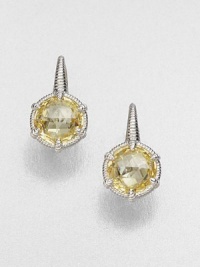 Beautifully faceted canary crystal stones set in intricately designed, sterling silver. Canary crystalsSterling silverWhite sapphiresSize, about .75Lever backImported