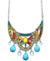 The key component to every great style is color! Bar III's knockout necklace presents plastic beads in a vibrant mix of turquoise, yellow, hot pink and coral hues. Set in silver-plated mixed metal. Approximate length: 24 inches + 3-inch extender. Approximate drop length: 6 inches. Approximate drop width: 5 inches. The key component to every great style is color! Bar III's knockout necklace presents plastic beads in a vibrant mix of turquoise, yellow, hot pink and coral hues. Set in silver-plated mixed metal. Approximate length: 24 inches + 3-inch extender. Approximate drop length: 6 inches. Approximate drop width: 5 inches.