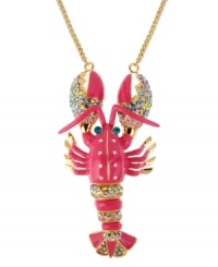 Rock lobster. Betsey Johnson brings a sandy outlook with this cute pink lobster pendant embellished with crystal accents and gold tone details. Crafted in antique gold tone mixed metal. Approximate length: 26 inches + 3-inch extender. Approximate drop length: 5-1/2 inches. Approximate drop width: 3 inches. Rock lobster. Betsey Johnson brings a sandy outlook with this cute pink lobster pendant embellished with crystal accents and gold tone details. Crafted in antique gold tone mixed metal. Approximate length: 26 inches + 3-inch extender. Approximate drop length: 5-1/2 inches. Approximate drop width: 3 inches.