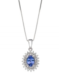 Take your look up a notch with a stunning burst of sparkle. This 14k white gold pendant showcases oval-cut tanzanite (3/4 ct. t.w.) encircled by two rows of round-cut diamond accents. Approximate length: 18 inches. Approximate drop: 1/2 inch. Take your look up a notch with a stunning burst of sparkle. This 14k white gold pendant showcases oval-cut tanzanite (3/4 ct. t.w.) encircled by two rows of round-cut diamond accents. Approximate length: 18 inches. Approximate drop: 1/2 inch.