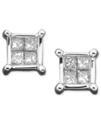 Classic stud earrings get a modern, innovative update! Four princess-cut diamonds (1/5 ct. t.w.) set side by side, in glimmering 14k white gold. Classic stud earrings get a modern, innovative update! Four princess-cut diamonds (1/5 ct. t.w.) set side by side, in glimmering 14k white gold.