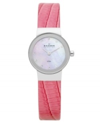 The perfect amount of pink shimmers on this ladylike timepiece from Skagen Denmark.