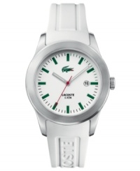 Get the iconic style you crave. This Lacoste watch features a logo-embossed white rubber strap and round stainless steel case. White dial with logo, date window and green stick indices. Quartz movement. Water resistant to 50 meters. Two-year limited warranty. Get the iconic style you crave. This Lacoste watch features a logo-embossed white rubber strap and round stainless steel case. White dial with logo, date window and green stick indices. Quartz movement. Water resistant to 50 meters. Two-year limited warranty.