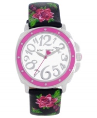 A beautiful bouquet of flowers pretty up this leather watch from Betsey Johnson. A beautiful bouquet of flowers pretty up this leather watch from Betsey Johnson.