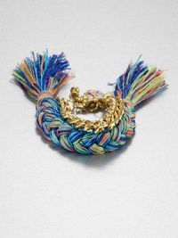 Make a statement with this bold style that features a chunky and bright, thread braid on a radiant link chain. Polyester threadBrassLength, about 6Lobster clasp closureMade in USA Make a statement with this bold style that features a chunky and bright, thread braid on a radiant link chain. Polyester threadBrassLength, about 6Lobster clasp closureMade in USA