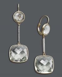 Sweet drops of shimmer add a subtle hint of color to your look. Earrings feature cushion-cut and round-cut green quartz (20-1/2 ct. t.w.) set in 14k gold, with sparkling diamond accents. Approximate drop: 2 inches. Sweet drops of shimmer add a subtle hint of color to your look. Earrings feature cushion-cut and round-cut green quartz (20-1/2 ct. t.w.) set in 14k gold, with sparkling diamond accents. Approximate drop: 2 inches.