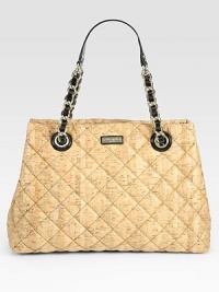 Chain top handles intertwined with shiny patent leather top off this roomy design of quilted cork. Double patent leather and chain top handles, 7¾ dropMagnetic snap closureProtective metal feetOne inner zip compartmentOne inside zip pocketTwo inside open pocketsFully lined15W X 11H X 4¼DImported Chain top handles intertwined with shiny patent leather top off this roomy design of quilted cork. Double patent leather and chain top handles, 7¾ dropMagnetic snap closureProtective metal feetOne inner zip compartmentOne inside zip pocketTwo inside open pocketsFully lined15W X 11H X 4¼DImported