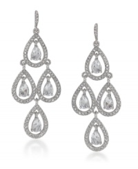 Channel romantic style in sparkling chandeliers. Carolee earrings feature a dramatic cut-out teardrop design accented by glittering glass stones. Crafted in silver tone mixed metal. Approximate drop: 2-5/8 inches. Channel romantic style in sparkling chandeliers. Carolee earrings feature a dramatic cut-out teardrop design accented by glittering glass stones. Crafted in silver tone mixed metal. Approximate drop: 2-5/8 inches.