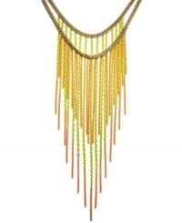 Try tassels for a fresh, spring look. Bar III's extraordinary multi-chain statement necklace is a must for attracting attention. Crafted in antique gold, matte yellow and matte orange tone mixed metal. Approximate length: 15-1/4 inches and 20 inches + 1-1/2-inch extender. Approximate drop: 14 inches.