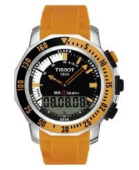 Keeping you in touch at any depth. The Tissot Sea Touch watch features an orange rubber strap and round stainless steel case. Black and orange bezel. Black chronograph dial with orange stick indices, logo, digital sub dial, alarm, compass, thermometer and dive log. Quartz movement. Water resistant to 200 meters. Two-year limited warranty. Keeping you in touch at any depth. The Tissot Sea Touch watch features an orange rubber strap and round stainless steel case. Black and orange bezel. Black chronograph dial with orange stick indices, logo, digital sub dial, alarm, compass, thermometer and dive log. Quartz movement. Water resistant to 200 meters. Two-year limited warranty.