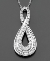 A modified infinity loop glistens with glory on this beautiful diamond necklace featuring round-cut and emerald-cut diamonds (1/2 ct. t.w.) set in 14k white gold. Diamond necklace approximate length: 18 inches. Approximate drop: 3/4 inch. A modified infinity loop glistens with glory on this beautiful diamond necklace featuring round-cut and emerald-cut diamonds (1/2 ct. t.w.) set in 14k white gold. Diamond necklace approximate length: 18 inches. Approximate drop: 3/4 inch.