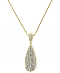 The bold standard. This necklace from Vince Camuto is crafted from gold-tone mixed metal with a teardrop pendant adorned with sparkling glass pave crystal accents for a shining touch. Approximate length: 18 inches. Approximate drop: 2 inches. The bold standard. This necklace from Vince Camuto is crafted from gold-tone mixed metal with a teardrop pendant adorned with sparkling glass pave crystal accents for a shining touch. Approximate length: 18 inches. Approximate drop: 2 inches.