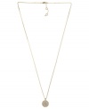 Understated appeal. Michael Kors' necklace, crafted from gold ion-plated steel, features a concave glass pave pendant for a subtle, yet stylish, statement. Approximate length: 30 inches + 2-inch extender. Approximate drop: 3/4 inch.