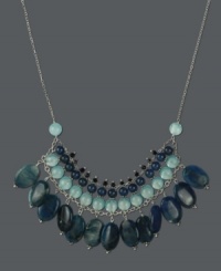 Fringe benefits. Rows of apatite, sea blue chalcedony, and onyx (199-1/3 ct. t.w.) combine in this intriguing three-row necklace. Set in delicate sterling silver. Approximate length: 17 inches. Approximate drop: 1-1/2 inches. Fringe benefits. Rows of apatite, sea blue chalcedony, and onyx (199-1/3 ct. t.w.) combine in this intriguing three-row necklace. Set in delicate sterling silver. Approximate length: 17 inches. Approximate drop: 1-1/2 inches.