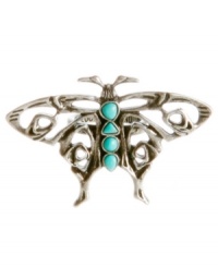 Delicate by design. Let your style take flight in Lucky Brand's intricate butterfly ring. Semi-precious reconstituted calcite turquoise stones decorate the center of a dainty open work pattern. Set in mixed metal. Size 7. Delicate by design. Let your style take flight in Lucky Brand's intricate butterfly ring. Semi-precious reconstituted calcite turquoise stones decorate the center of a dainty open work pattern. Set in mixed metal. Size 7.
