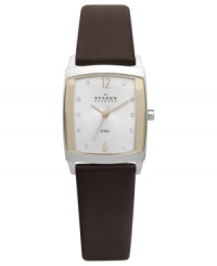 This Skagen Denmark watch offers a sharp look with a two-tone case and a supple leather strap. This Skagen Denmark watch offers a sharp look with a two-tone case and a supple leather strap.