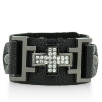 Jet Black Leather and Rhinestone Cross Cuff Bracelet, Fits 6-7-8 Inches Jet Black Leather and Rhinestone Cross Cuff Bracelet, Fits 6-7-8 Inches