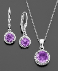 Polished purple. Shimmering, brightly-hued amethyst (3 ct. t.w.) radiates beauty on this pendant and earring set by Victoria Townsend. Crafted in sterling silver with sparkling diamond accents. Approximate length: 18 inches. Approximate pendant drop: 1/2 inch. Approximate earring drop: 1 inch. Polished purple. Shimmering, brightly-hued amethyst (3 ct. t.w.) radiates beauty on this pendant and earring set by Victoria Townsend. Crafted in sterling silver with sparkling diamond accents. Approximate length: 18 inches. Approximate pendant drop: 1/2 inch. Approximate earring drop: 1 inch.