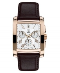 Clean, angular lines and distinguished features elevate this men's watch from ESQ by Movado. Brown leather strap. Goldtone stainless steel square case. Square white dial with logo, three subdials, date window and roman numeral indices. Quartz movement. Water resistant to 30 meters. Two-year limited warranty. Clean, angular lines and distinguished features elevate this men's watch from ESQ by Movado. Brown leather strap. Goldtone stainless steel square case. Square white dial with logo, three subdials, date window and roman numeral indices. Quartz movement. Water resistant to 30 meters. Two-year limited warranty.