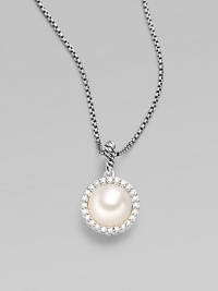 From the Cable Pearl Wrap Collection. A pretty pearl pendant surrounded by radiant pavé diamonds, dangles on a box chain with classy elegance. 10½mm white freshwater pearl Diamonds, 0.24 tcw Sterling silver Chain length, about 17 Lobster clasp Imported From the Cable Pearl Wrap Collection. A pretty pearl pendant surrounded by radiant pavé diamonds, dangles on a box chain with classy elegance. 10½mm white freshwater pearl Diamonds, 0.24 tcw Sterling silver Chain length, about 17 Lobster clasp Imported