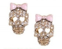 Betsey Johnson Style Pink Bow Crystal Encrusted Skull Stud Earrings