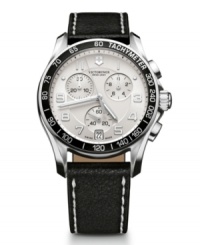 Assert yourself with an undeniably classic timepiece. Watch by Victorinox Swiss Army crafted of black leather strap with contrast stitching and round stainless steel case with anti-reflective sapphire crystal. Black bezel with tachymeter scale. Silver tone chronograph dial features applied luminous numerals, date window at six o'clock, three subdials, luminous hands and logo. Swiss quartz movement. Water resistant to 100 meters. Three-year limited warranty. Assert yourself with an undeniably classic timepiece. Watch by Victorinox Swiss Army crafted of black leather strap with contrast stitching and round stainless steel case with anti-reflective sapphire crystal. Black bezel with tachymeter scale. Silver tone chronograph dial features applied luminous numerals, date window at six o'clock, three subdials, luminous hands and logo. Swiss quartz movement. Water resistant to 100 meters. Three-year limited warranty.