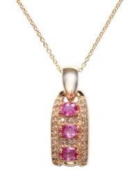 Make a stunning statement. EFFY Collection's pendant is crafted from 14k gold with round-cut pink sapphires (3/4 ct. t.w.) providing a vibrant touch. Diamonds (1/6 c.t. t.w.) add to the appeal. Approximate length: 18 inches. Approximate drop length: 9/10 inch. Approximate drop width: 1/3 inch. Make a stunning statement. EFFY Collection's pendant is crafted from 14k gold with round-cut pink sapphires (3/4 ct. t.w.) providing a vibrant touch. Diamonds (1/6 c.t. t.w.) add to the appeal. Approximate length: 18 inches. Approximate drop length: 9/10 inch. Approximate drop width: 1/3 inch.