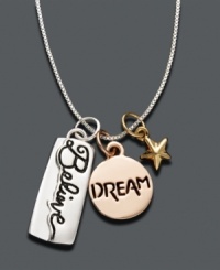 This necklace is absolutely charming and will remind you to believe in your dreams. Featured in sterling silver with a star charm, a 14k rose gold-plated dream charm, and a 14k gold-plated believe charm. Approximate length: 18 inches. Approximate drop: 1 inch.